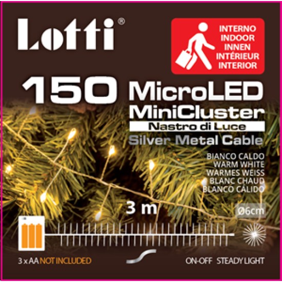 LIGHTING ON BATTERIES INDOOR SILVER WIRE STRING 150L/300CM LED WARM WHITE 3XAA(BATTERIES NOT INCLUDED)