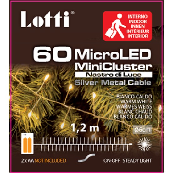 LIGHTING ON BATTERIES INDOOR SILVER WIRE STRING 60L/120CM LED WARM WHITE  2XAA (BATTERIES NOT INCLUDED)