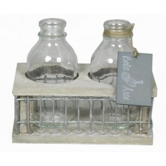 DECORATION BOIS AVEC FER CARRE 2XBOUTEILLE 14.5X8X11CM