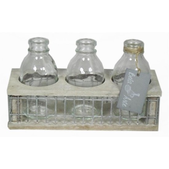 DECORATION BOIS AVEC FER CARRE 3XBOUTEILLE 21X8X11CM