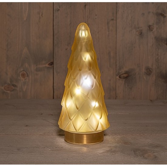 ARBRE EN VERRE AMBRE MAT/BASE DOREE 10,5X24,5CM 10 LED - 3XAAA (SANS PILES)