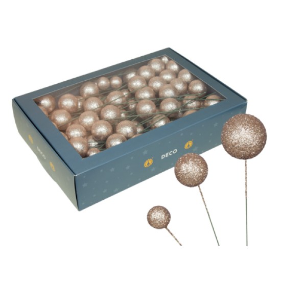 KERSTBOLLEN 20/30/40MM CHAMPAGNE GLITTER OP DRAAD 100ST