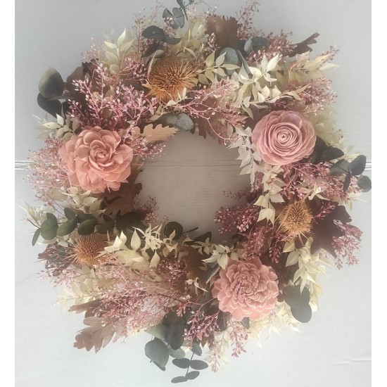 WREATH 30CM MIXED DRIED FLOWERS LIGHT PINK