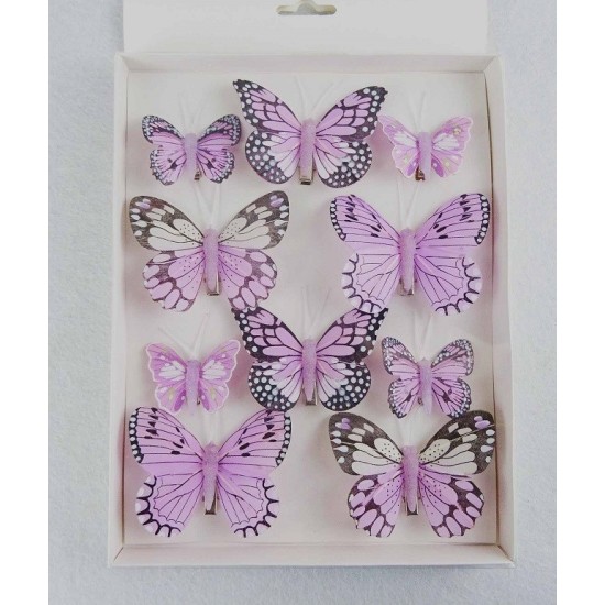 PAPILLONS LILA 6PCS 8CM + 4PCS 5CM AVEC CLIP