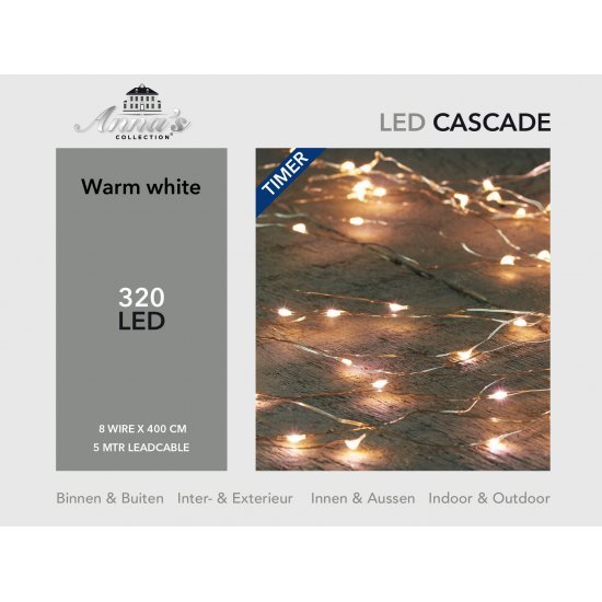 CASCADE SILVER WIRE 320L/8X4M LED WARM WHITE 5M CABLE RUN IP44 TIMER 8/16U