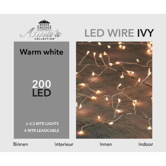 LED VERLICHTING IVY (BINNEN EN BUITEN) 200L 4.50M WARM WHITE 4M  AANLOOPSNOER TRANSPARANT IP44 24V/3VA TRAFO