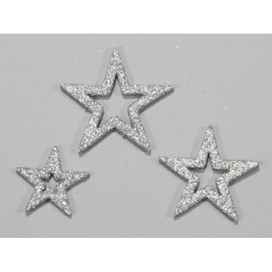 STARS OPEN GLITTER SILVER 35X45X55X65MM 24PCS