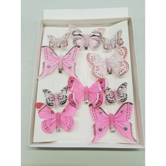 PAPILLONS ROSE 6PCS 8CM + 4PCS 5CM AVEC CLIP