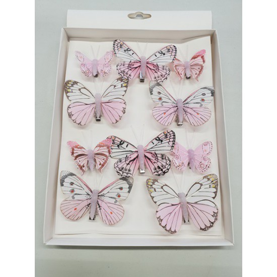 PAPILLONS ROSE DOUX 6PCS 8CM + 4PCS 5CM AVEC CLIP