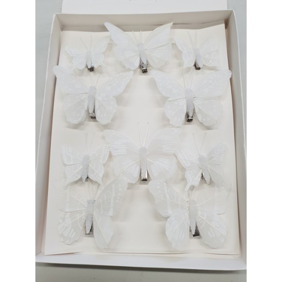 PAPILLONS BLANC 6PCS 8CM + 4PCS 5CM AVEC CLIP