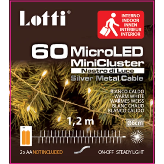 LIGHTING ON BATTERIES INDOOR SILVER WIRE STRING 60L/120CM LED WARM WHITE  2XAA (BATTERIES NOT INCLUDED)