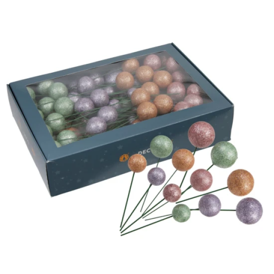 KERSTBOLLEN 20/30/40MM PASTEL GLITTER OP DRAAD 100ST