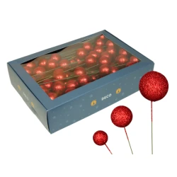 CHRISTMAS SPHERES 20/30/40MM RED GLITTER ON WIRE 100PCS