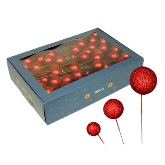 KERSTBOLLEN 20/30/40MM RED GLITTER OP DRAAD 100ST