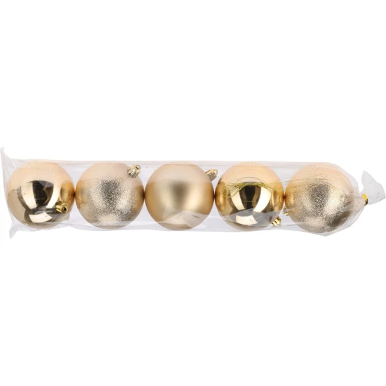 CHRISTMAS PLASTIC SPHERES 80MM GOLD MIX SET 5PCS