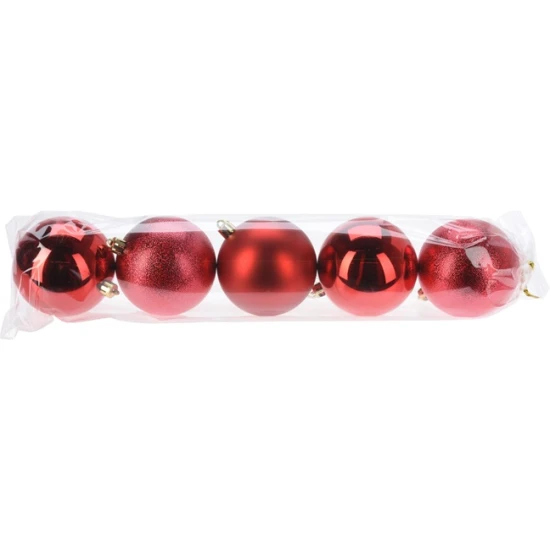 CHRISTMAS PLASTIC SPHERES 80MM RED MIX SET 5PCS