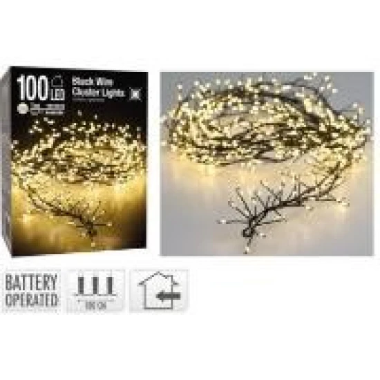 GUIRLANDE À PILES (SANS PILES!) INDOOR FIL NOIR CLUSTER LIGHTS 100L/1M LED BLANC