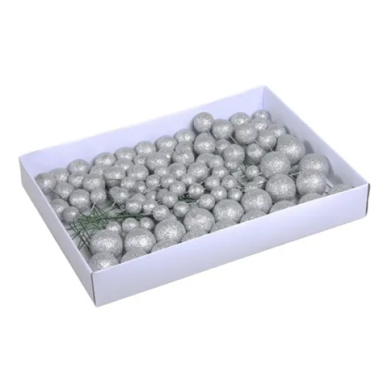 CHRISTMAS SPHERES 20/30/40MM SILVER GLITTER ON WIRE 100PCS