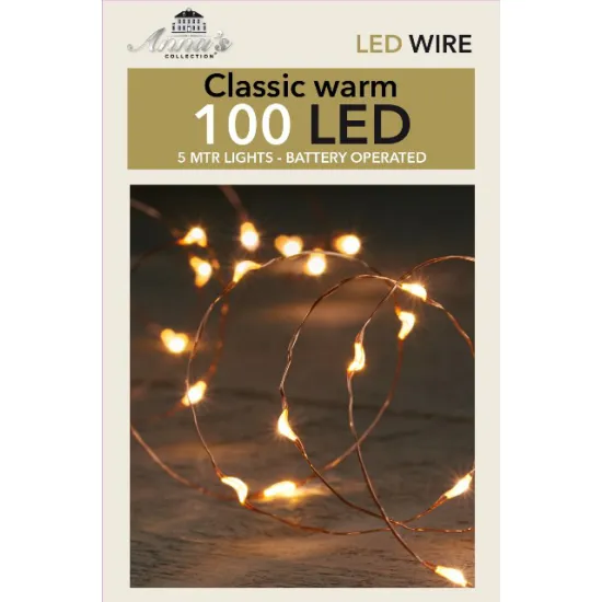 VERLICHTING OP BATTERIJEN (ZONDER BATTERIJ!) INDOOR KOPERDRAAD 100L/5M LED CLASSIC WIT - 10CM AANLOOPSNOER TRANSPARANT